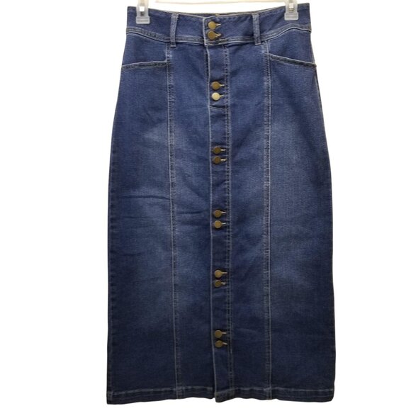 EST 1946 Blue Jean Denim 8 Skirt Faux Button Up Front Pockets Belt Loops - Picture 1 of 6